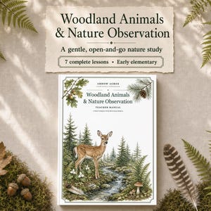 May include: A white teacher manual titled Woodland Animals & Nature Observation featuring a deer in a forest scene. Above the book, a rectangular card displays the same title, the text A gentle, open-and-go nature study, and 7 complete lessons.
