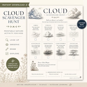 May include: A printable Cloud Scavenger Hunt activity sheet measuring 8.5 inches by 11 inches. The document features illustrations of eight cloud types including cirrus, cumulus, and stratus, with checkboxes for observation and a section for notes.