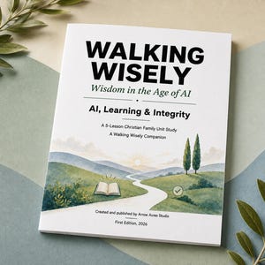 May include: A white softcover book titled Walking Wisely: Wisdom in the Age of AI, AI, Learning & Integrity, A 5-Lesson Christian Family Unit Study, A Walking Wisely Companion. The cover features a watercolour landscape with a path and an open book.