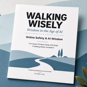 May include: A white book cover titled WALKING WISELY Wisdom in the Age of AI, with the subtitle Online Safety & AI Wisdom. It features a 5-Lesson Christian Family Unit Study, A Walking Wisely Companion, and a blue landscape illustration.