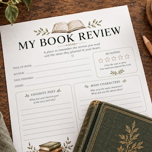 Könnte beinhalten: Ein weißes Blatt Papier mit der Überschrift MY BOOK REVIEW, grünen botanischen Illustrationen und einem Symbol für ein offenes Buch. Es enthält Felder für Titel, Autor, Datum, Genre, eine Sternebewertung sowie Fragen zu Charakteren.