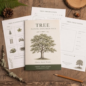 May include: A Tree Nature Explorer Pack booklet with a central tree illustration, surrounded by printed activity sheets including a Tree Scavenger Hunt, Tree Observation, and Tree Field Notes, accompanied by a wooden pencil and pinecone.