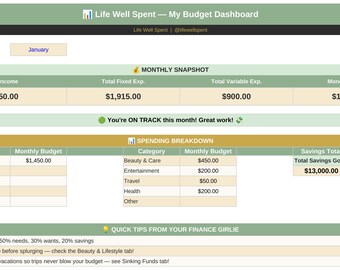 Life Well Spent All-In-One Budget Template | Monthly Budget Planner Excel File