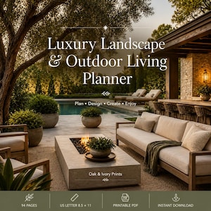 May include: A digital planner titled Luxury Landscape & Outdoor Living Planner by Oak & Ivory Prints. The cover features a patio with a fire pit, sofa, and pool. It includes 94 pages, US Letter 8.5 x 11 size, and is a printable PDF instant download.