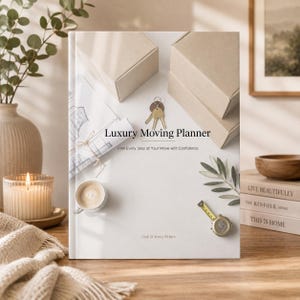 Könnte beinhalten: Ein weißes Hardcover-Buch mit dem Titel Luxury Moving Planner und dem Untertitel Plan Every Step of Your Move with Confidence. Das Cover zeigt Illustrationen von zwei Pappkartons, einem Schlüsselbund, einem Bauplan, einer Kaffeetasse und einem Maßband.