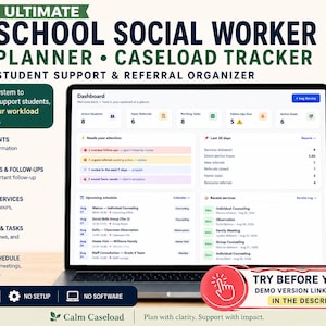 May include: A digital school social worker planner and caseload tracker displayed on a laptop screen. The dashboard shows student data, referrals, tasks, and schedules. Text includes Ultimate School Social Worker Planner and Caseload Tracker.