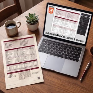Peut inclure: Un ordinateur portable affichant un logo HTML5 et une feuille de calcul intitulée Automatic GPA Calculation & Credits, à côté d'un relevé de notes imprimé, d'une tasse de café et d'une petite plante succulente sur une surface en bois.