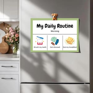 Może przedstawiać: Prostokątna tablica z napisem My Daily Routine Morning w jasnozielonej ramce, przymocowana magnesem w kształcie psa. Zawiera trzy sekcje: Brush my teeth z ikoną szczoteczki, Get dressed z ubraniami oraz Eat my breakfast z ilustracją tostów.