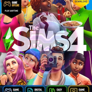Może przedstawiać: Okładka gry na PC The Sims 4 w wersji cyfrowej przedstawia grupę zróżnicowanych postaci w żywym otoczeniu. Tytuł The Sims 4 jest wyświetlany białą czcionką z zieloną ikoną plumbob. Tekst zawiera PC Game, Digital Download oraz Game Offline.