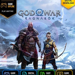 May include: A digital download PC game cover for God of War Ragnarök featuring Kratos with an axe and Atreus with a bow against a snowy mountain backdrop. The image includes text labels for PC game, game offline, digital download, and easy install.