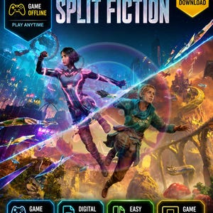 Op de afbeelding: Een digitale download PC-game genaamd Split Fiction met een split-screen esthetiek, met een futuristisch personage in neonharnas aan de linkerkant en een fantasy-personage in groene kleding aan de rechterkant, tegen een levendig landschap.