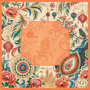 May include: A square decorative textile featuring a central orange panel with a subtle floral pattern, surrounded by a border of red peonies, blue and green foliage, hanging red lanterns, a small bird, and a golden architectural illustration.