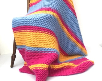 Merino Wool Blanket, Chunky Hand knitted Throw, Tutti-Fruiti Pink, Blue, Yellow