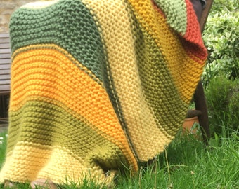 Merino Wool lap Blanket, Chunky Hand knitted Throw, Autumn Leaves, Orange, Green