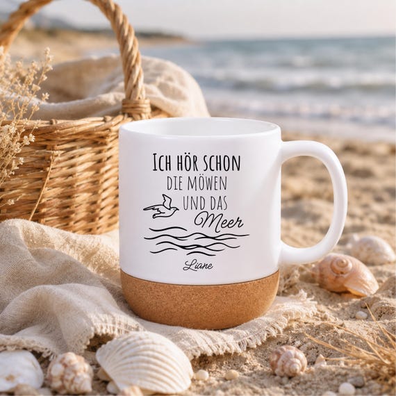 Personalisierte Tasse Meer Kaffeetasse mit Namen Maritimes Geschenk für Frauen & Männer Becher mit Wellen Strand personalisiertes Geschenk