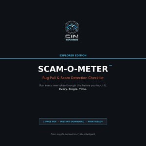 Może przedstawiać: Cyfrowy dokument zatytułowany SCAM-O-METER Explorer Edition, lista kontrolna wykrywania oszustw. Czarne tło zawiera niebieskie logo oka, biały tekst oraz przycisk 1-PAGE PDF, INSTANT DOWNLOAD, PRINT-READY.