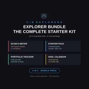 May include: A digital product graphic titled CIN EXPLORERS EXPLORER BUNDLE THE COMPLETE STARTER KIT. It lists four tools: SCAM-O-METER, STARTER PACK, PORTFOLIO TRACKER, and HODL CALENDAR, with a 4 IN 1 BUNDLE PRICE button at the bottom.