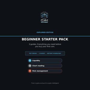 May include: A digital product graphic titled Beginner Starter Pack Explorer Edition. It features a logo with an eye, the text 3 guides. Everything you need before you buy your first coin, and a list including Liquidity, Chart reading, and Risk management.