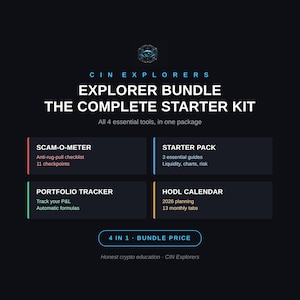 Op de afbeelding: Een zwarte digitale afbeelding met de titel CIN EXPLORERS EXPLORER BUNDLE THE COMPLETE STARTER KIT. Het bevat vier tools: SCAM-O-METER met 11 controlepunten, STARTER PACK met 3 gidsen, PORTFOLIO TRACKER met automatische formules en HODL CALENDAR met 13 tabbladen.