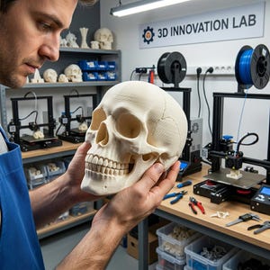 May include: A cream-colored 3D printed human skull model held in two hands. The skull features detailed anatomical structures including eye sockets, nasal cavity, and teeth. In the background, a 3D printer lab contains equipment, spools of blue and black filament, and various tools on a wooden workbench.