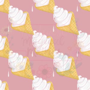 May include: A repeating pattern on a dusty rose background featuring illustrations of white soft serve ice cream in golden yellow waffle cones. The design includes small white droplets and faint floral outlines scattered throughout the composition.