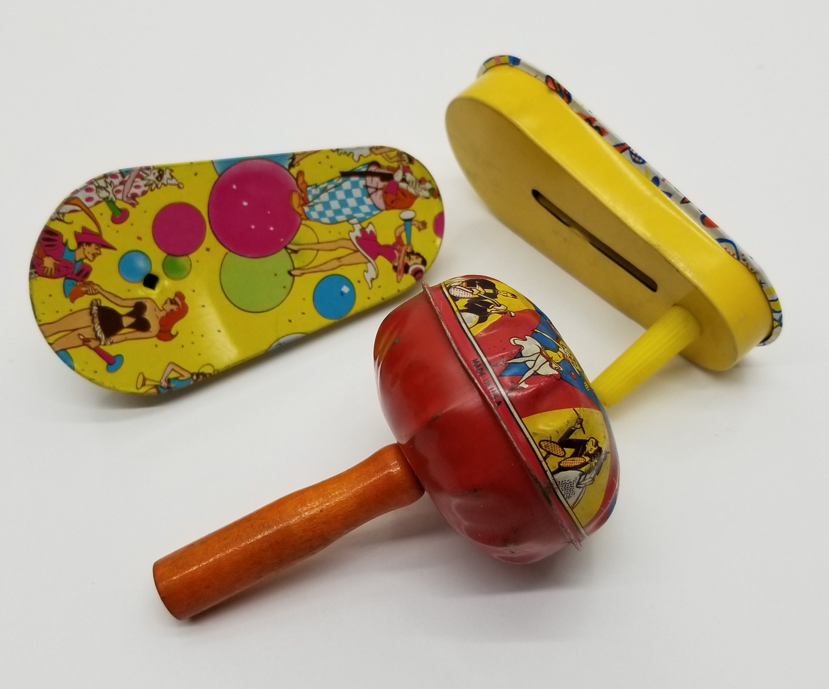 3 Vintage Tin Toy Noise Makers With People Clowns and Party Etsy