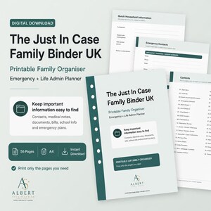 May include: A digital download of The Just In Case Family Binder UK, a 56-page printable A4 family organizer. The set includes templates for emergency contacts, quick household information, and life admin planning with a dark green and white theme.