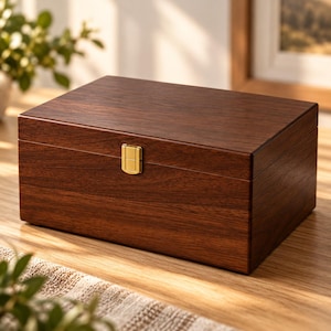 May include: A rectangular dark brown wooden storage box with a smooth, polished finish and a visible wood grain pattern. The box features a single gold-colored metal latch centered on the front panel to secure the hinged lid closed.