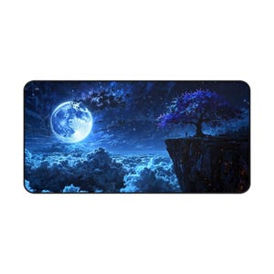 Moonlit Fantasy Mouse Pad 32x16, Aesthetic Night Sky Desk Mat, Blue Moon Gaming Mousepad, Celestial Deskmat, Gamer Gift