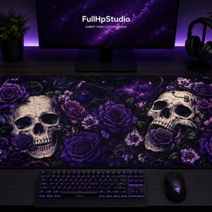 Skull Rose Mouse Pad, Purple Gothic Desk Mat, Gothic Gaming Mousepad, Dark Floral Deskmat, Skull Desk Decor, Large 32x16 Inch Mouse Pad