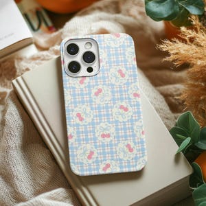 Blue Gingham Cherry Coquette Phone Case, Pastel Bows iPhone Samsung Pixel Cover