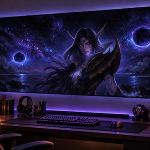 May include: A large rectangular wall art print featuring a fantasy character with long dark hair and pointed ears set against a cosmic purple and blue nebula background with two dark swirling portals above a dark landscape and calm water.