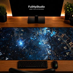 Alfombrilla de ratón Reloj Cósmico, Alfombrilla de escritorio para juegos celestiales, Alfombrilla de ratón Steampunk con mecanismo de relojería, Alfombrilla de escritorio Galaxia, Alfombrilla de escritorio Astronomía Azul, 32x16