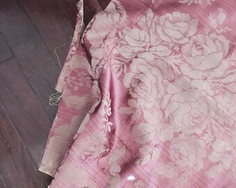Two rare antique pink taupe french victorian 1800s silk rose ribbon fabric curtain panel tattered worn shabby Nordic chic Ashwell