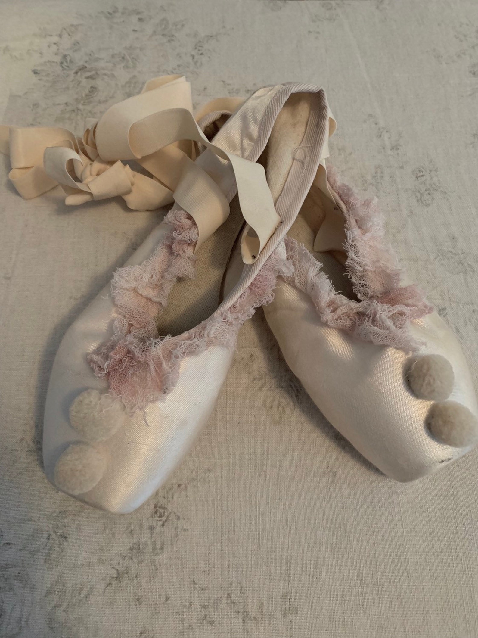 vintage pale pink tulle pierrot ballet ballerina costume slippers pointe toe shoes theater pompom clown shabby french nordic chi