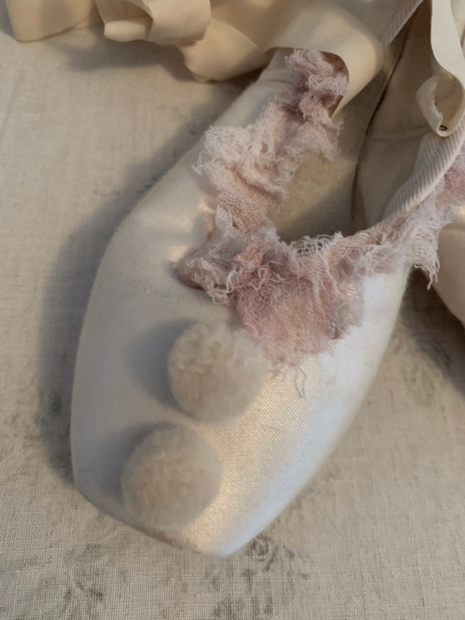 vintage pale pink tulle pierrot ballet ballerina costume slippers pointe toe shoes theater pompom clown shabby french nordic chi