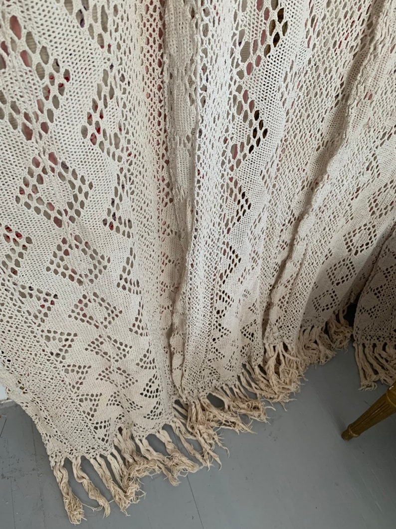 Stunning set four ecru beige Crochet tassel curtains antique French shabby Nordic chic BoHo Window panels netted