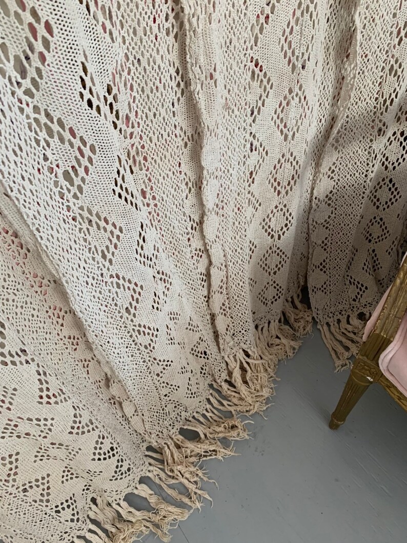 Stunning set four ecru beige Crochet tassel curtains antique French shabby Nordic chic BoHo Window panels netted
