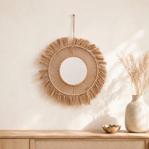Boho Sunburst Wall Mirror, Round Macrame Fringe Mirror, Natural Woven Bedroom Mirror, Coastal Farmhouse Entryway Decor