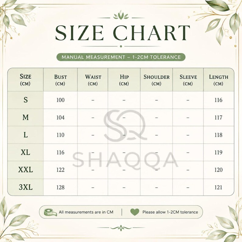 May include: A size chart table with dark green text on a light background, featuring columns for size, bust, and length in centimeters. The chart lists sizes from S to 3XL with corresponding measurements. It includes the text SIZE CHART, SHAQQA, and a note about a 1-2cm tolerance.