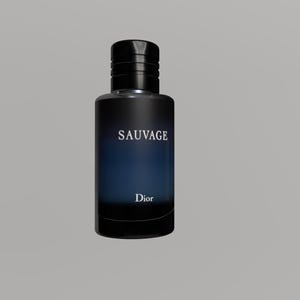 May include: A cylindrical glass perfume bottle with a black cap. The bottle features a dark blue to black gradient finish. The text SAUVAGE is printed in white on the upper portion, and the word Dior is printed in white near the bottom base.