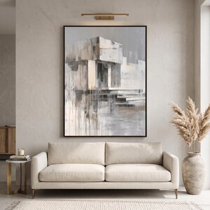 Gray Architectural Abstract Oil Painting, Textured Urban Modern Wall Art, Neutral Cityscape Painting for Office Loft Decor