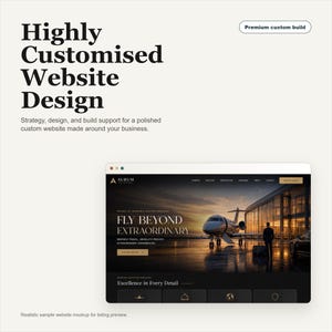 Könnte beinhalten: Ein Website-Design-Mockup mit dem Text Highly Customised Website Design und Premium custom build. Die Benutzeroberfläche zeigt einen Privatjet auf einer Landebahn mit dem Text Fly Beyond Extraordinary und Excellence in Every Detail.