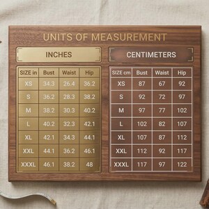 May include: A rectangular wooden plaque featuring a conversion chart titled UNITS OF MEASUREMENT. The left side displays sizes in inches with columns for bust, waist, and hip. The right side displays sizes in centimeters with corresponding measurements.