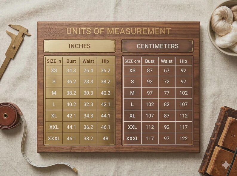 May include: A rectangular wooden plaque featuring a conversion chart titled UNITS OF MEASUREMENT. The left side displays sizes in inches with columns for bust, waist, and hip. The right side displays sizes in centimeters with corresponding measurements.