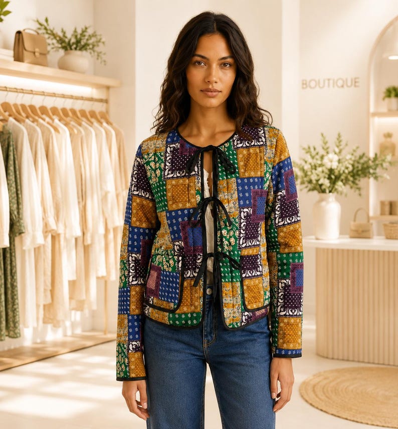 May include: A long-sleeved quilted jacket featuring a multi-colored patchwork pattern in shades of blue, green, yellow, and purple. The jacket has a round neckline, black trim along the edges, and three black ribbon ties for front closure.
