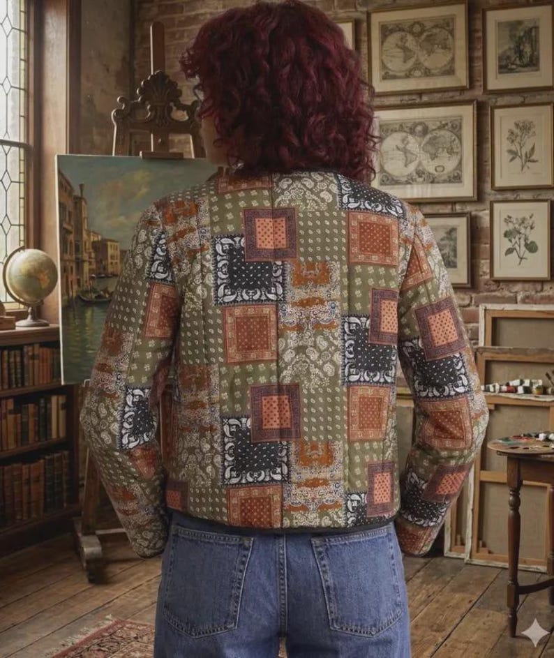 May include: A long-sleeved quilted jacket featuring a patchwork design of olive green, black, and burnt orange paisley and geometric patterns, worn over blue denim jeans. The jacket has a straight hem and a structured fit with a visible seam down the back.