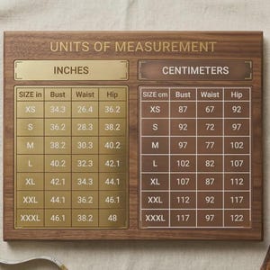 May include: A rectangular wooden plaque featuring a brass-colored chart titled UNITS OF MEASUREMENT. The chart displays two tables: one for inches and one for centimeters, listing bust, waist, and hip measurements for sizes XS through XXXL.