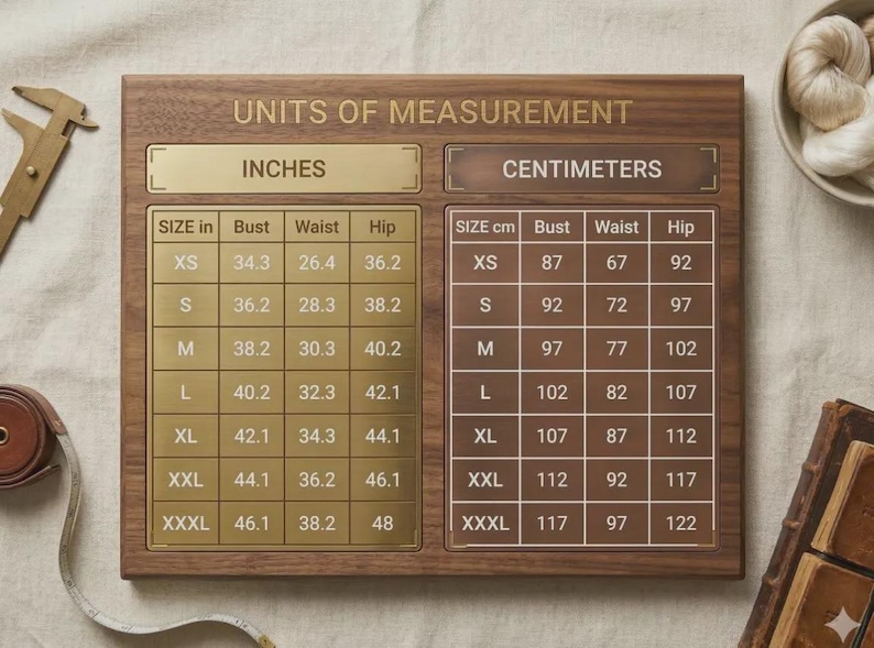 May include: A rectangular wooden plaque featuring a brass-colored chart titled UNITS OF MEASUREMENT. The chart displays two tables: one for inches and one for centimeters, listing bust, waist, and hip measurements for sizes XS through XXXL.