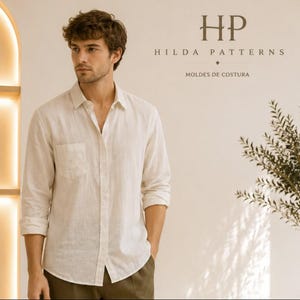 May include: A long-sleeved, off-white button-down shirt with a single chest pocket, worn with dark olive trousers. The text HP HILDA PATTERNS MOLDES DE COSTURA is visible in the upper right corner against a light, neutral-toned background.